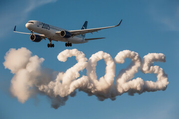 A plane flies high in a clear blue sky, trailing white smoke as it passes between clouds shaped like "2025." AI generated