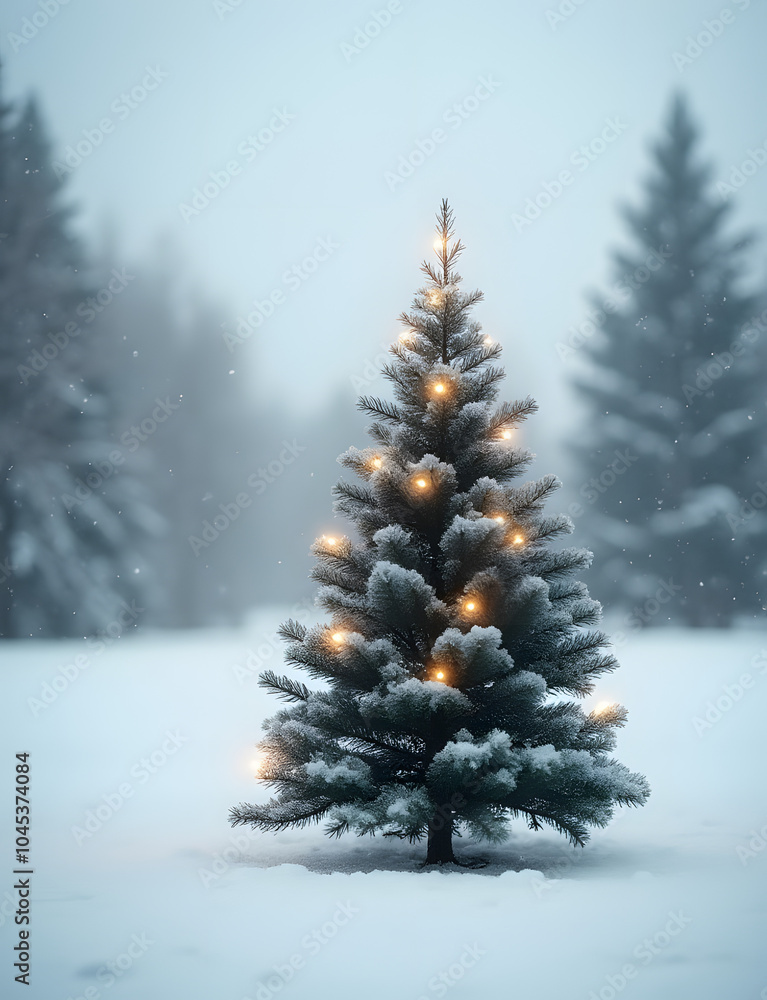 Poster blur christmas tree in empty snowy landscape with a soft white and festive holiday atmosphere.