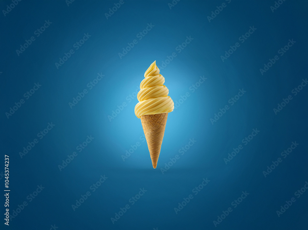 Poster a single scoop of soft serve ice cream in a waffle cone against a blue background.