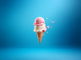 A double scoop ice cream cone, one pink scoop, one white scoop, is falling with pieces of ice cream breaking off and floating in the air. - Powered by Adobe