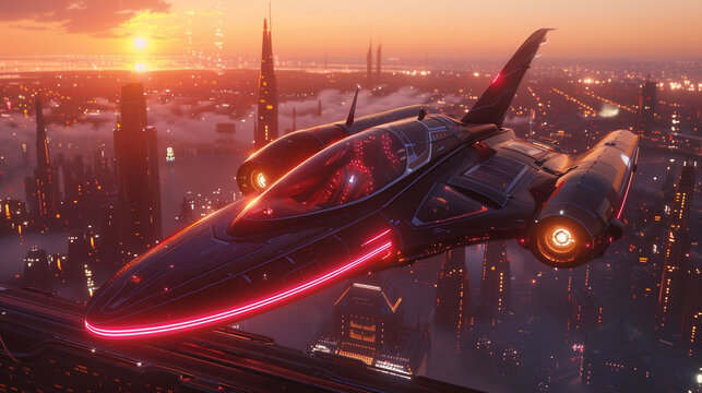 Sleek futuristic flying car navigating a vibrant cyberpunk city skyline at sunset