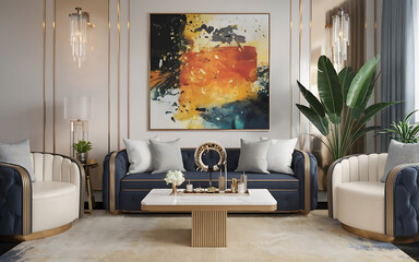 Luxury living room interior design with blue and white furniture  a modern abstract painting  and gold accents   