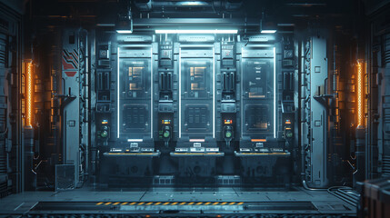 Futuristic server room with advanced technology, glowing panels, and industrial cyberpunk atmosphere