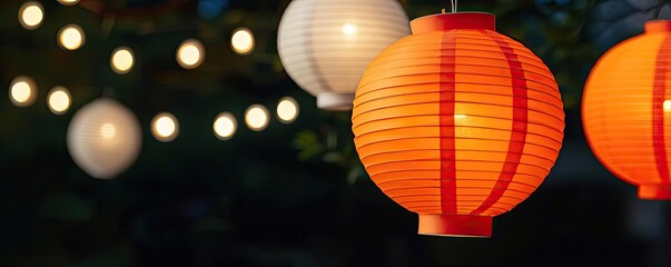 Obraz premium Colorful paper lanterns glowing warmly at night, creating a festive atmosphere for outdoor gatherings and celebrations.