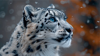 Obraz premium Beautiful portrait of a snow leopard in the snow in winter. Close-up photo of a snow leopard. Big cat. Poster print snow leopard.