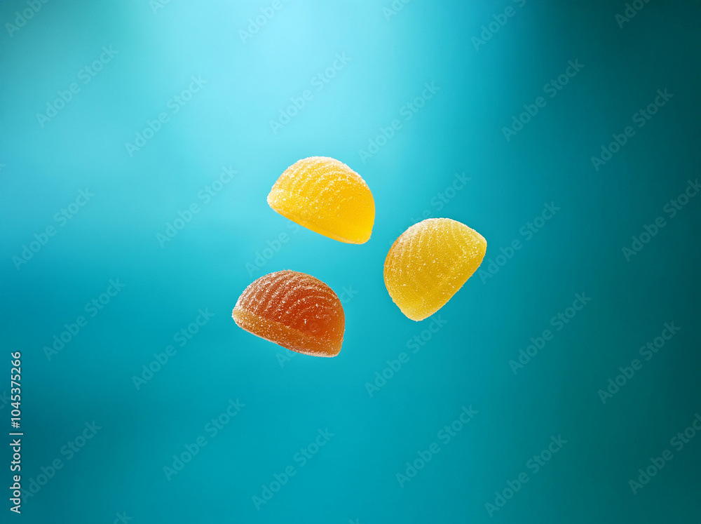 Poster three colorful jellies with sugary coating float against a turquoise backdrop.