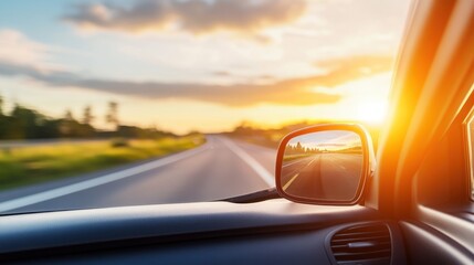 Obraz premium A car drives down a long road with the sun setting in the distance.