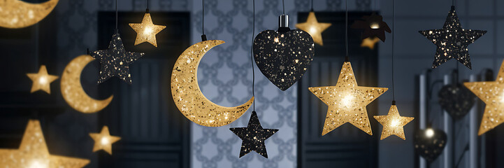 Golden and black star and crescent moon decorations hanging for Ramadan celebration   