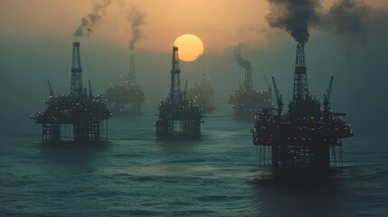 Obraz premium Expansive View of Oil Platforms at Sunrise in Ocean