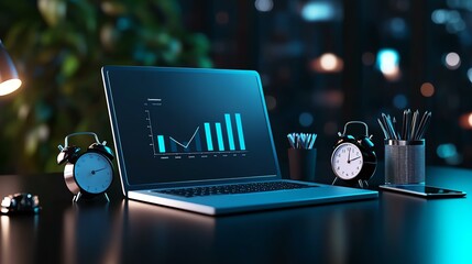 Laptop with graphs in nighttime office