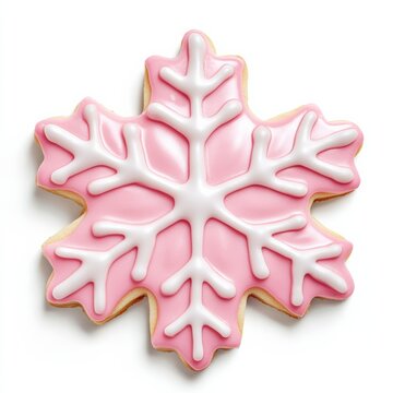 A charming 3D Christmas cookie shaped like a snowflake, frosted in pastel pink, isolated on a bright white backdrop