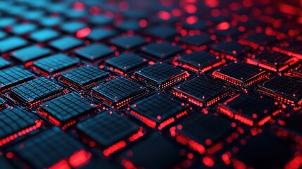 Fototapeta premium Close-up view of intricate microchips illuminated with red and blue lights against a dark background.