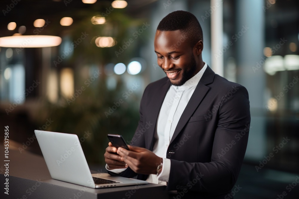 Wall mural Black business man laptop computer office.