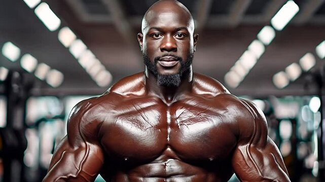 African American bodybuilder with chiseled posing with muscular upper body in workout environment. Confident athlete showcasing bodybuilding results at gym.
