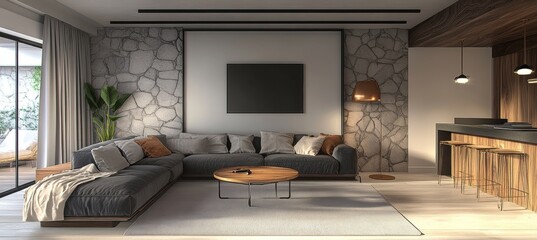 Modern, spacious living room interior design with stone feature, wall and stylish furniture,