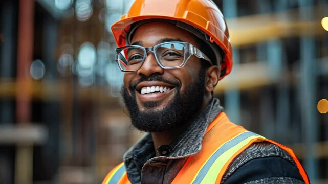 A cheerful construction worker wearing safety gear, including a hard hat, smiles confidently on a construction site, conveying positivity, safety, and hard work. Video
