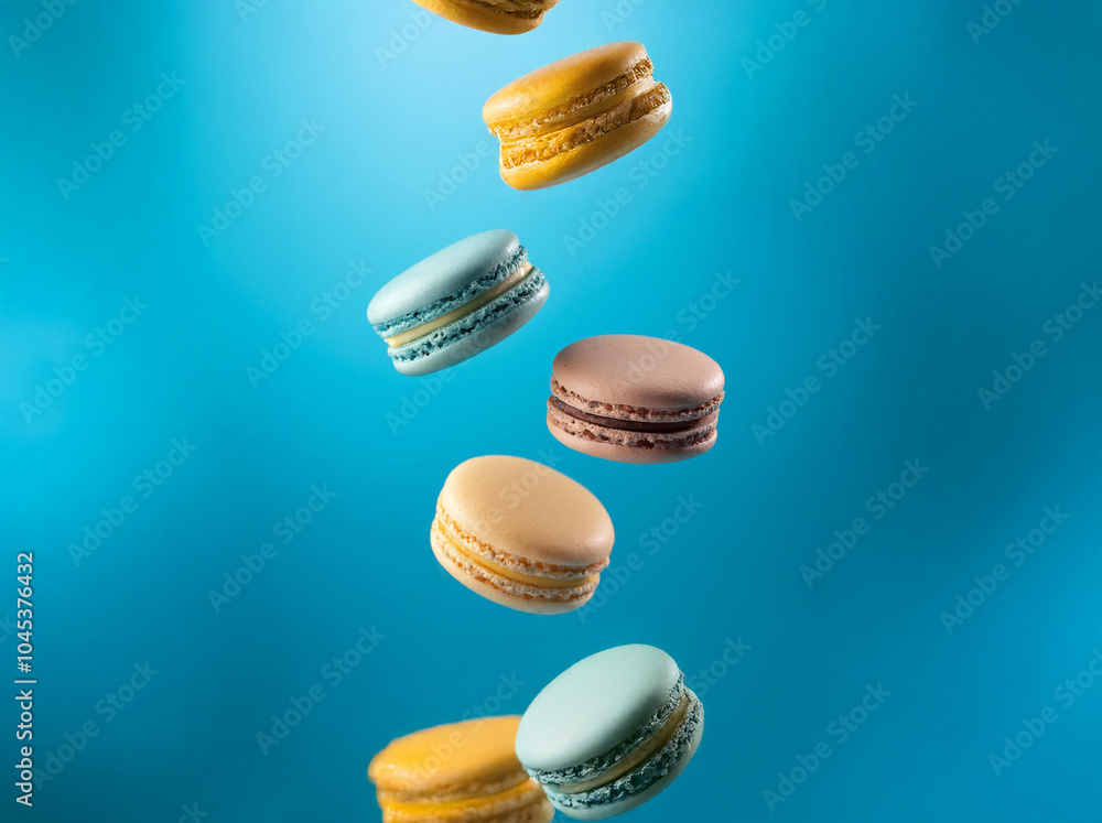 Poster three macarons of different colors are floating against a bright blue background.