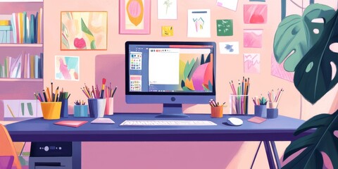 A graphic designer's desk with a computer and art supplies.