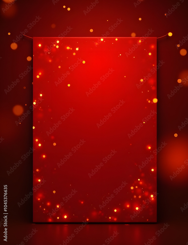 Poster abstract red glitter lights on a banner display in a softly focused background with gold accents and