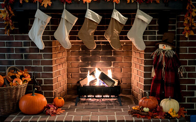 Cozy Fireplace with Stocking and Fall Decorations  Warm Red and Orange Hues  Rustic Charm  Holiday Cheer  Thanksgiving Gathering   