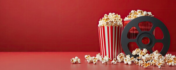 Delicious popcorn in striped containers with a film reel on a vibrant red background, perfect for movie night or cinema promotions.
