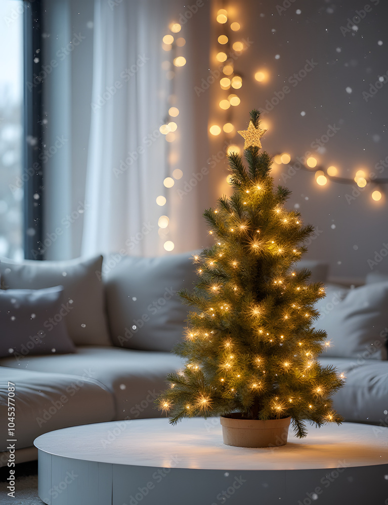 Poster abstract living room decor features a christmas tree with lights on an empty white table in a blurre