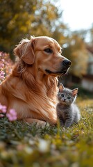 Obraz premium Golden Retriever Gazing Protectively Over Kitten