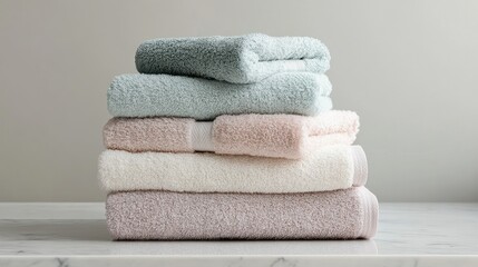 A stack of pastel-colored towels with different textures, creating a fresh and clean look for bathroom settings.