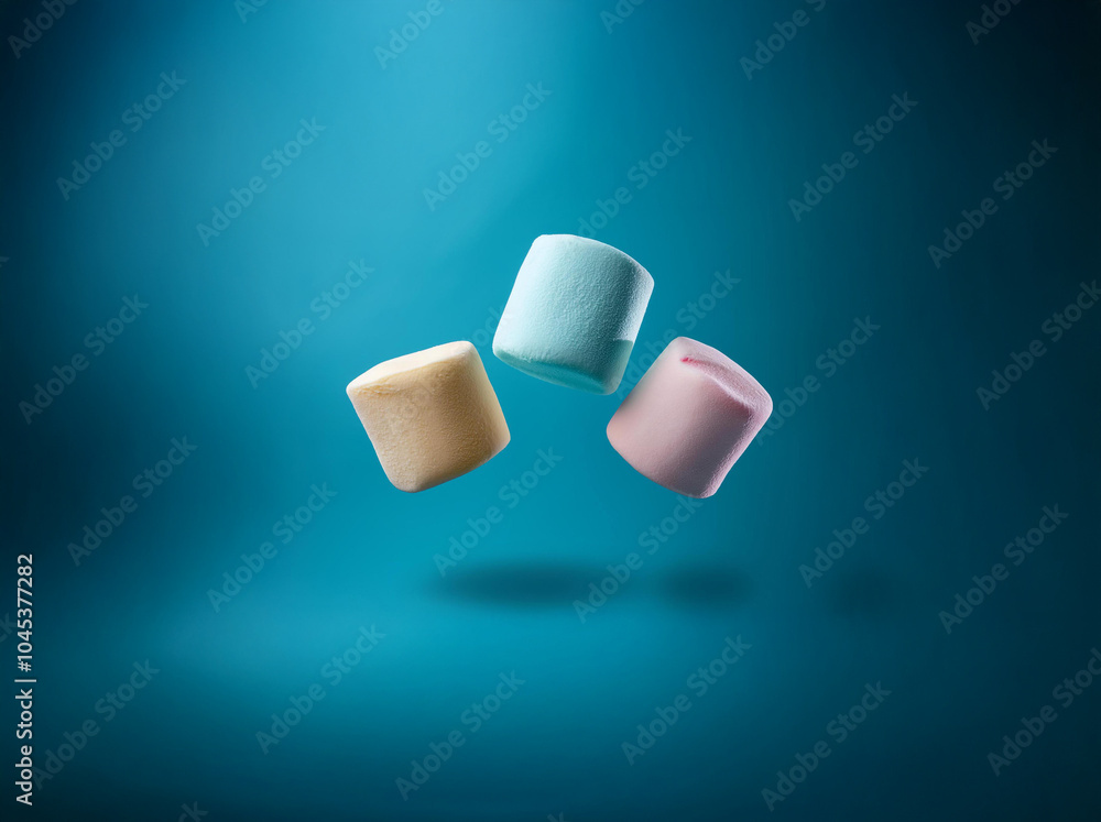 Poster three marshmallows of different colors are floating in mid-air against a bright blue background.