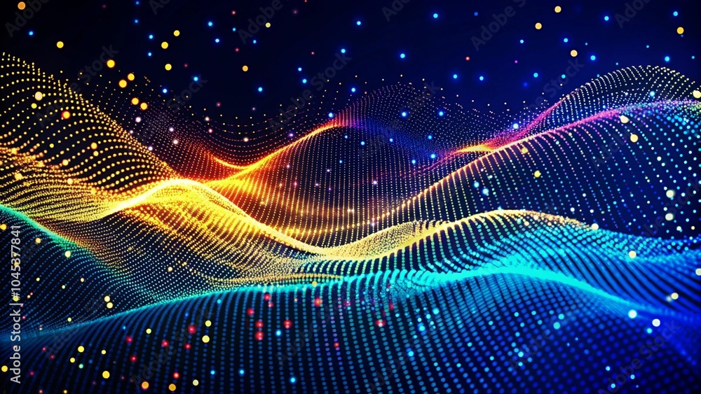 Poster Musical wave. Digital technology background. Abstract structure with glowing dots. Big data. Futuristic digital hexagonal grid. Abstract dark background of particle flow. Science, technology