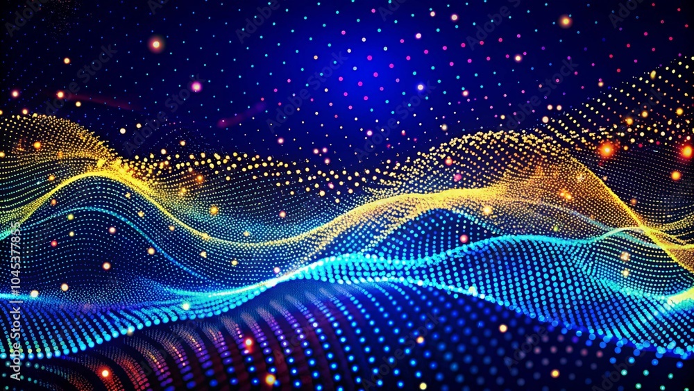 Poster Musical wave. Digital technology background. Abstract structure with glowing dots. Big data. Futuristic digital hexagonal grid. Abstract dark background of particle flow. Science, technology