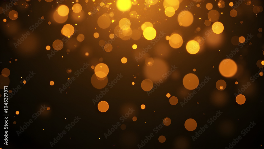 Poster abstract festive texture has golden bokeh particles on a dark background with holiday elements.