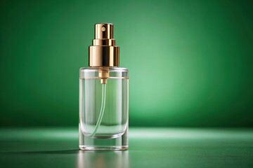 Naklejka premium Clear white perfume spray bottle and champagne gold cap in green mockup forced perspective
