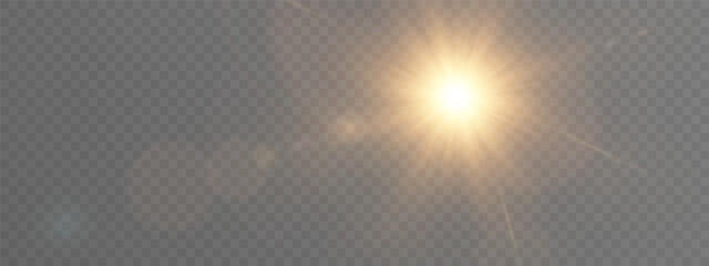 Sun. The background is a ray of light or sunbeam vector. It shows an abstract golden light shining and flashing like a spotlight, with golden sun glitter on a transparent background. 