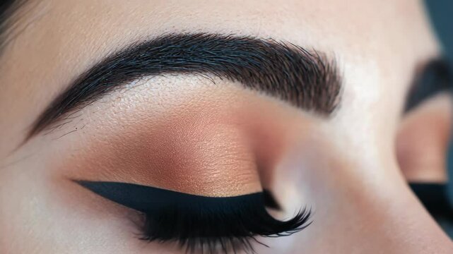 A close-up shot of a woman's eye with bold eyeliner and full brows
