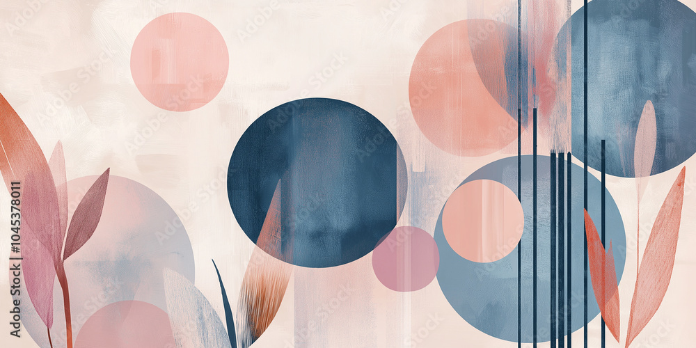 Aufkleber abstract background showing blue and pink circles and vertical black lines with leaves