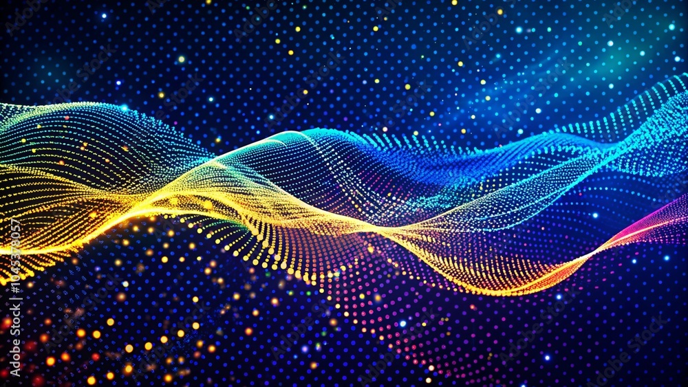 Poster Musical wave. Digital technology background. Abstract structure with glowing dots. Big data. Futuristic digital hexagonal grid. Abstract dark background of particle flow. Science, technology