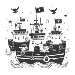 Three Cartoon Boats with Smiling Faces and Sailors