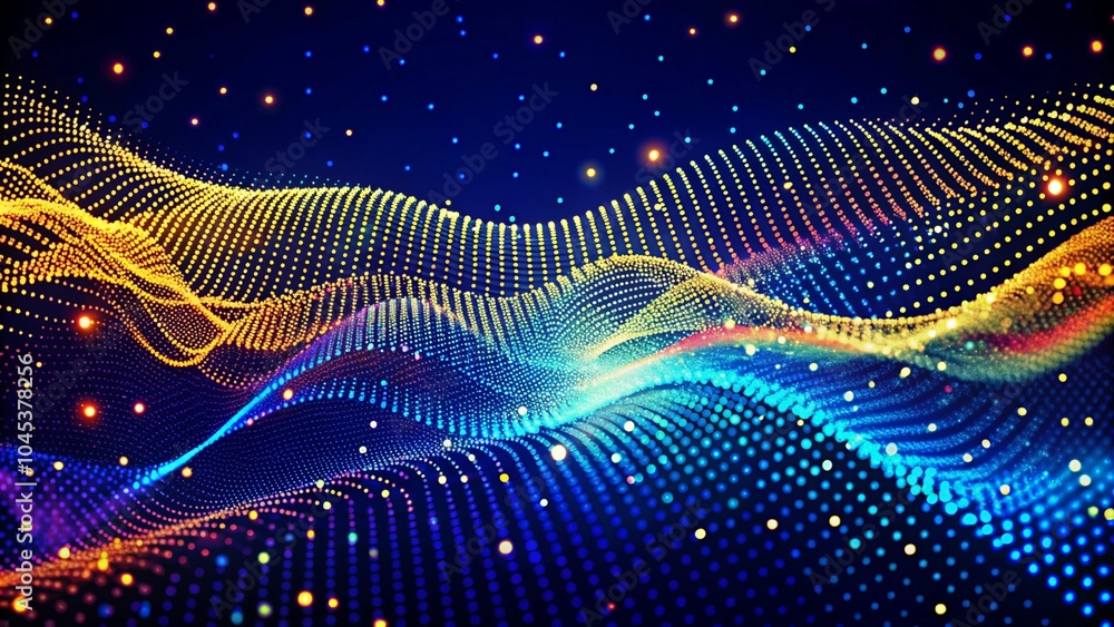 Poster Musical wave. Digital technology background. Abstract structure with glowing dots. Big data. Futuristic digital hexagonal grid. Abstract dark background of particle flow. Science, technology