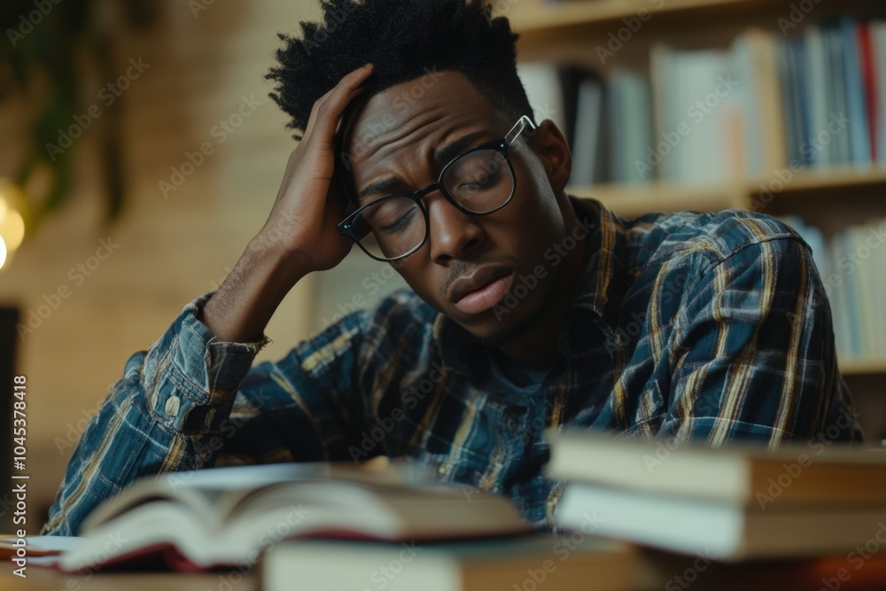 Poster exhausted university student falling asleep while studying in a library, surrounded by books