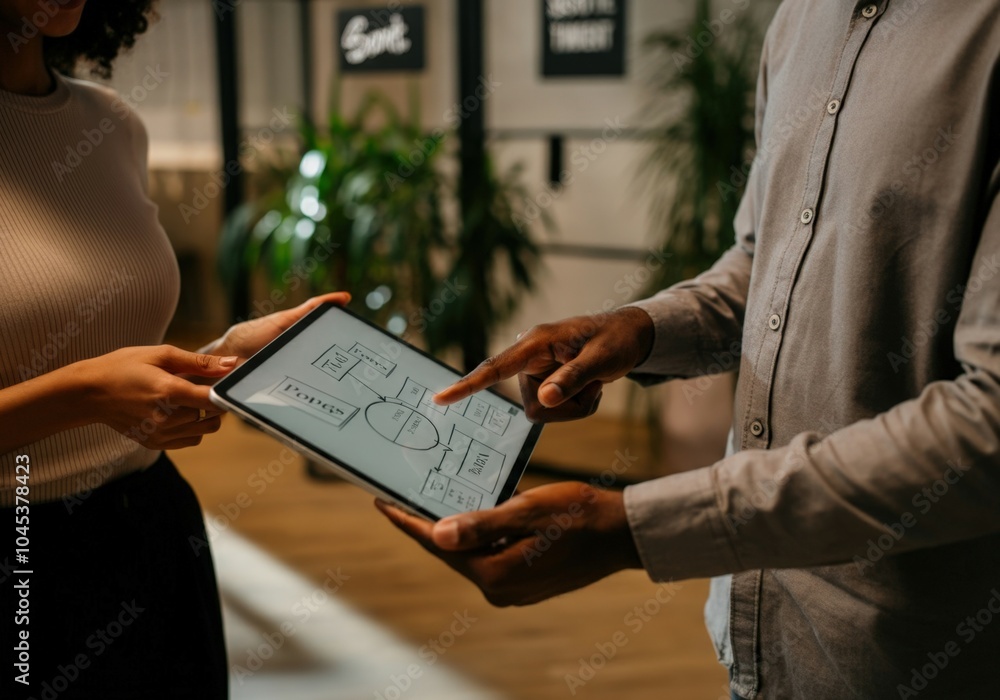 Aufkleber two business partners are having a meeting, analyzing a flowchart on a digital tablet and discussing