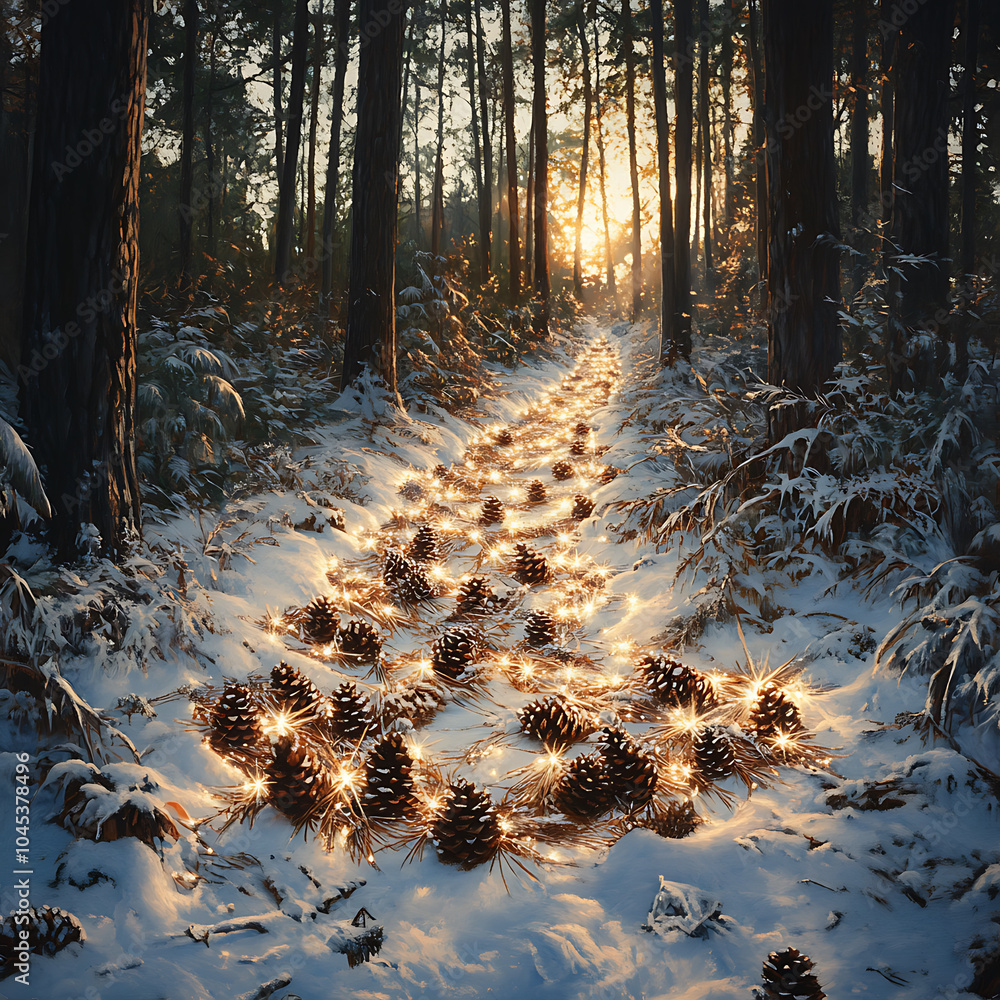 Poster a serene winter scene featuring snow covered forest path illuminated by glowing pinecones, creating 