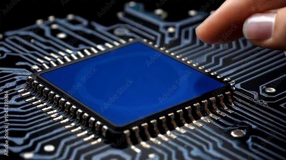 Poster the heart of technology: a close-up shot of a computer chip, its intricate circuitry illuminated by 