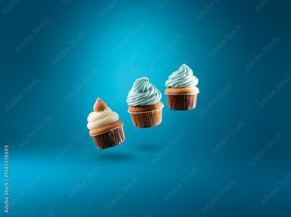 Poster three cupcakes with different frosting colors hover against a vibrant blue background.
