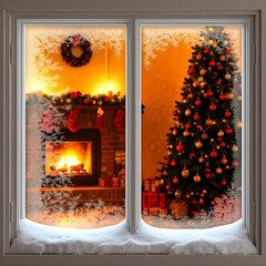 View from a window inside a house with Christmas deccorations and a fireplace