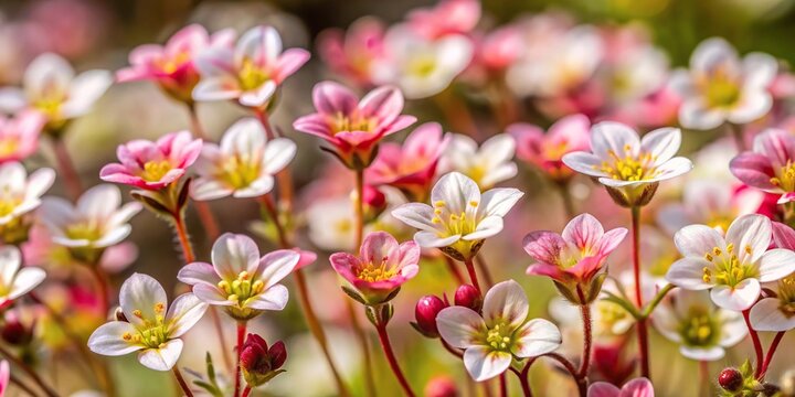 Close up image of blossoms of the rockfoil Saxifraga trifurcata with selective focus on Depth of Field