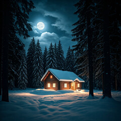 House in the winter with bright moon
