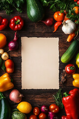 A blank white piece of paper is surrounded by a variety of vegetables.