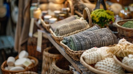 Obraz premium Variety of handmade blankets and other bath products are displayed on wicker baskets in a store. The image evokes a sense of warmth and coziness