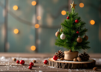 A small fir tree sits on a wooden board covered in festive decorations for Christmas.